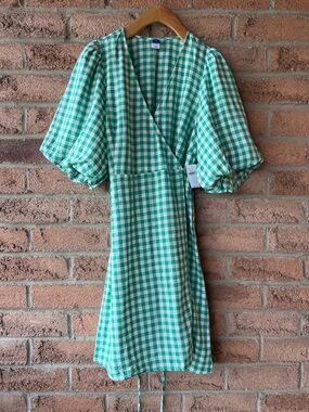 OLD NAVY Gingham Wrap Mini Dress Puff Sleeve Green White Cottage